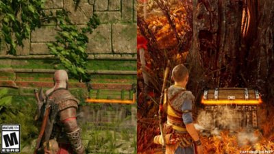 God of War Ragnarök – animoitu vertailu Atreuksen ja Kratoksen tavasta avata arkku.