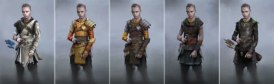 Multiple concept art design variants of Atreus from God of War Ragnarök.