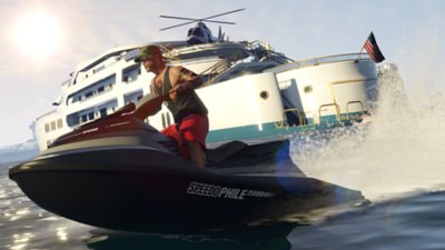 Grand Theft Auto Online screenshot showing a character riding a jetski near a large yacht