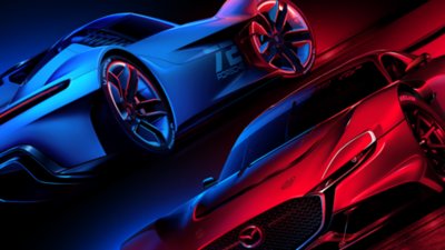 Gran Turismo 7 key artwork featuring to GT concept cars lit in red and blue light