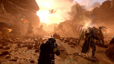 Capture d'écran de Helldivers 2 – des personnages tirant sur des ennemis