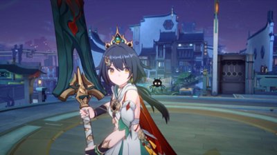 Honkai Star Rail screenshot showing a character with a huge sword and a cartoon-like flying insect beside her