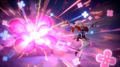 Honkai Star Rail screenshot showing a character with two swords beside some colorful explosions