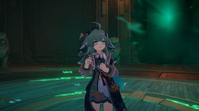 Captura de pantalla de Honkai: Star Rail que muestra a personaje de pelo verde asustado por algo que no se ve en pantalla