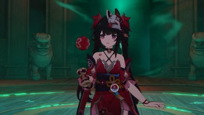 Honkai Star Rail screenshot showing a character dressed in red with a fox mask on her head