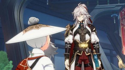 Captura de pantalla de Honkai: Star Rail que muestra a dos personajes (uno de pelo gris y otro con barba y sombrero) conversando