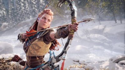 Screenshot von den Tipps und Tricks zu Horizon Forbidden West, der Aloy mit Pfeil und Bogen zeigt.