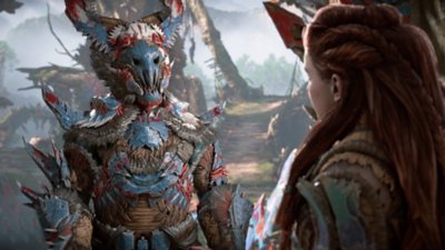 Screenshot von den Tipps und Tricks zu Horizon Forbidden West, der Aloy im Gespräch mit einer einheimischen Person zeigt.