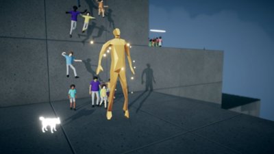 Humanity-screenshot van een gouden figuur in de menigte