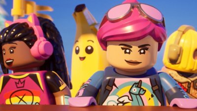 Lego Fortnite – captura de tela mostrando um grupo de personagens de LEGO Minifigura de aparência determinada