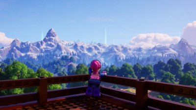 Lego Fortnite — снимок экрана, на котором минифигурка LEGO смотрит на горный пейзаж