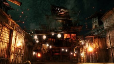 Captura de pantalla de Like a Dragon: Ishin! que muestra un callejón iluminado por faroles