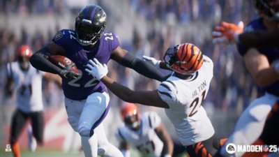 Madden NFL 25 screenshot showing a player holding off an opponent