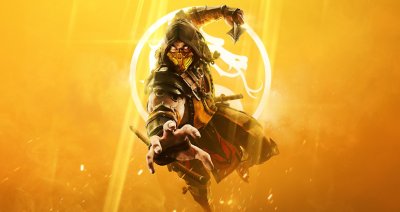 Arte principal de Mortal Kombat 11 que muestra al personaje Scorpion sobre un fondo amarillo.