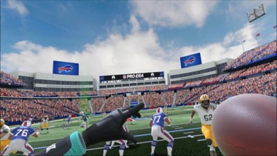 Capture d'écran de NFL Pro Era – le joueur, qui fait partie de l'équipe des Buffalo Bills, s'apprête à lancer le ballon