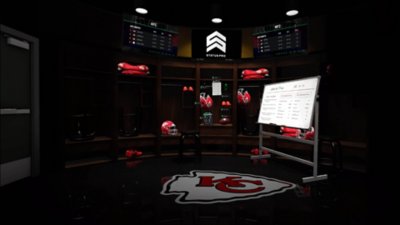 NFL Pro Era-screenshot van een kleedkamer met daarin een whiteboard met speltactiek