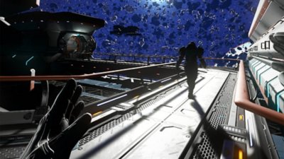 No Man's Sky-screenshot van een ruimtewandeling, gezien vanuit VR-perspectief