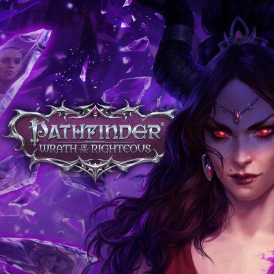 Key-art Pathfinder Wrath of the Righteous met een vrouwelijk personage met rode ogen