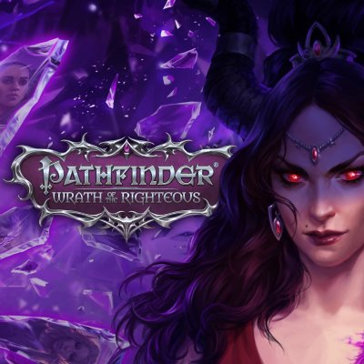 Key-Artwork von Pathfinder Wrath of the Righteous, das einen weiblichen Charakter mit roten Augen zeigt