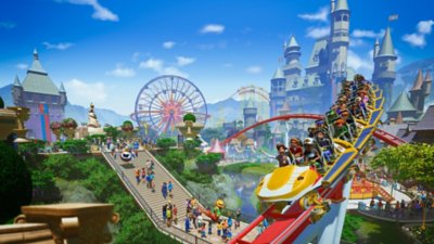 Planet Coaster – grafika główna przedstawiająca widok z góry na tętniący życiem park rozrywki.