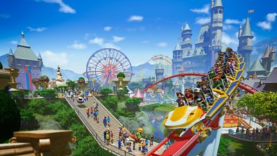 Illustration principale de Planet Coaster - la vue depuis les cieux d'un parc d'attractions animé