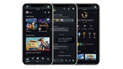 Tre mobiltelefoner som visar PlayStation App