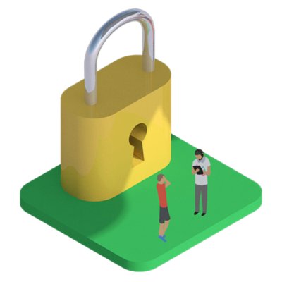 Tiny cartoon people next to a large padlock