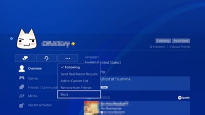 Gebruikersinterface van PS4 die laat zien hoe je een speler kunt blokkeren.