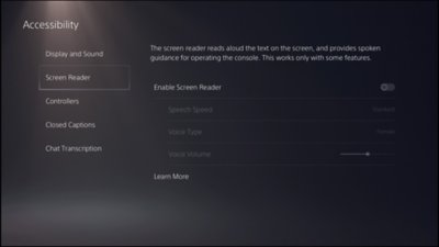 Skjermbilde av PS5-brukergrensesnittet for skjermleserfunksjoner