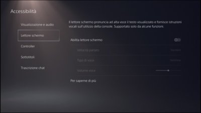 Accessibilità PS5: lettore schermo