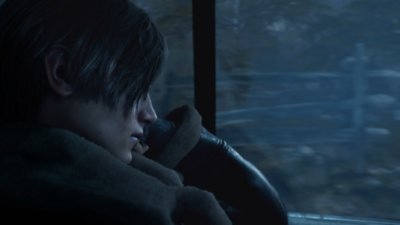 Resident Evil 4 screenshot featuring Leon looking out of a car window