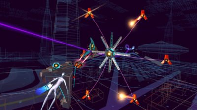 Екранна снимка на Rez Infinite, показваща как персонажът на играча се бори с подобен на сателит враг и множество дронове в Зона 2