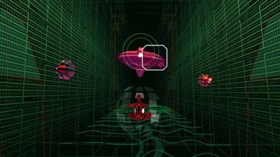 Rez Infinite – posnetek zaslona prikazuje igralni lik, ki se bori proti vesoljski ladji podobnemu sovražniku v območju 3