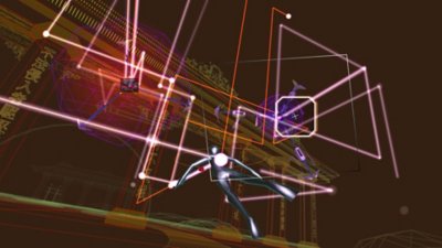 Екранна снимка на Rez Infinite, показваща как персонажът на играча изстрелва множество лъчи към враговете в Зона 4