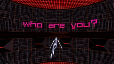 Rez Infinite スクリーンショット 「あなたは誰？」と書かれたテキストを読むプレーヤーキャラクター