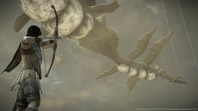 Shadow of the Colossus – Screenshot, der den Spieler auf eine gewaltige fliegende Kreatur zielend zeigt.