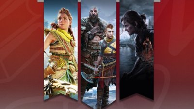 Propagační klíčová grafika nejlepších her pro jednoho hráče na PS4 a PS5 s Horizon Forbidden West, God of War Ragnarok a The Last of Us Part II Remastered