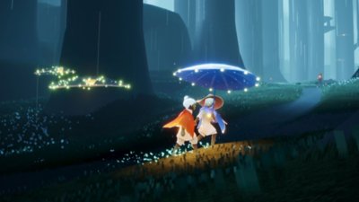 Sky: Children of the Light – Captură de ecran cu două personaje care merg prin pădure și țin o umbrelă de soare