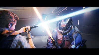 Captura de pantalla de Star Wars Jedi: Survivor en la que se ve a Cal en un combate de espadas láser