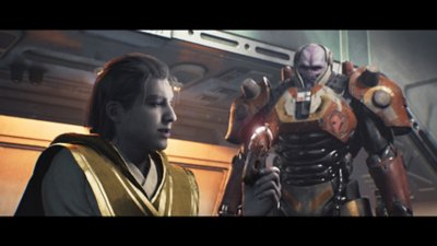 Captura de pantalla de Star Wars Jedi: Survivor que muestra a dos personajes conversando