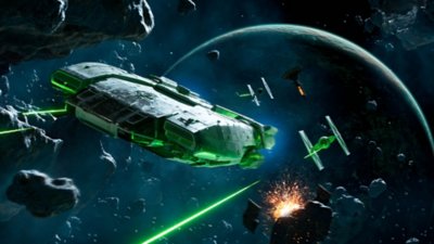 Capture d'écran de Star Wars Outlaws montrant un vaisseau dans l'espace avec des TIE fighters.