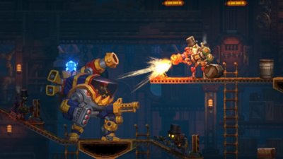 SteamWorld Heist II – Screenshot, der den Spielercharakter dabei zeigt, wie er auf einen Gegner in einem Mech-Anzug schießt