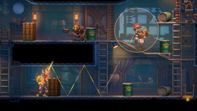 SteamWorld Heist II – Screenshot von einem Charakter, der einen Schuss so auf Oberflächen zielt, dass er abprallt, um einen Gegner zu treffen