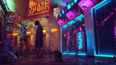 네온 불빛이 거리를 비추는 장면을 보여주는 Stray 스크린샷입니다.