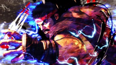 Street Fighter 6 – skjermbilde av en karakter som løper i en gate full av digitale reklameplakater