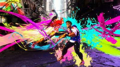 Street Fighter 6 snimak ekrana koji prikazuje Luke i Kimberly sa šarenim isprskanim bojama u pozadini