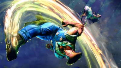 Captura de pantalla de Street Fighter 6 que muestra a Guile realizando una Flash Kick contra Ryu