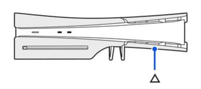 Side view of the PS5 console with the PlayStation Family Mark facing up, and the power button facing you. The triangle cover is on the lower right.