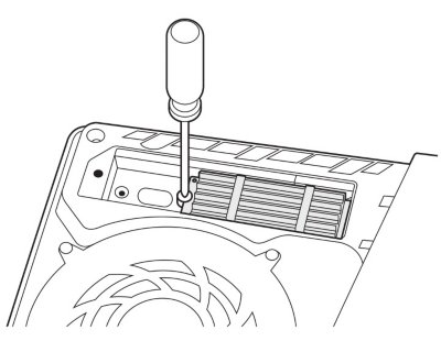 มุมมองของ SSD M.2 ที่วางอยู่ในช่องส่วนขยาย ไขควงกำลังขันสกรูทางด้านซ้ายของ SSD M.2