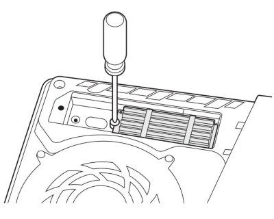 Aanzicht van de M2 SSD die plat in de uitbreidingssleuf ligt. Een schroevendraaier draait de schroef links van de M2 SSD vast.